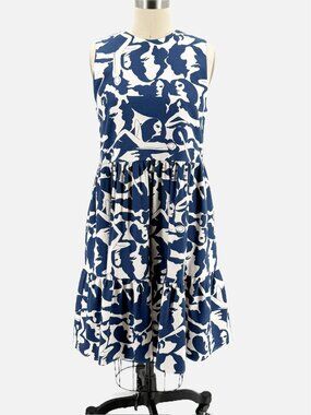 LA DoubleJ Editions Blue Woman Print Mini Tier Sleeveless Cotton Dress NEW S